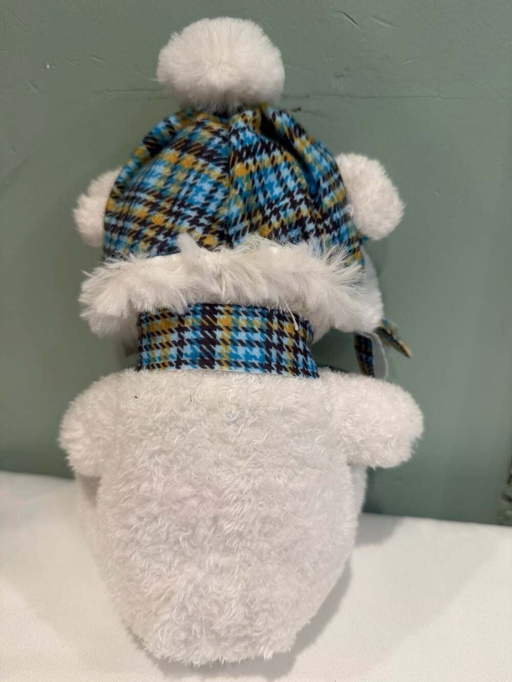 Hugfun Winter White Teddy Bear Plush with Blue Plaid Trapper Hat and Scarf - Picture 3 of 6
